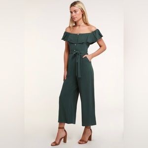 Lulu’s June Bloom Dark Green Off-the-Shoulder Culotte Jumpsuit